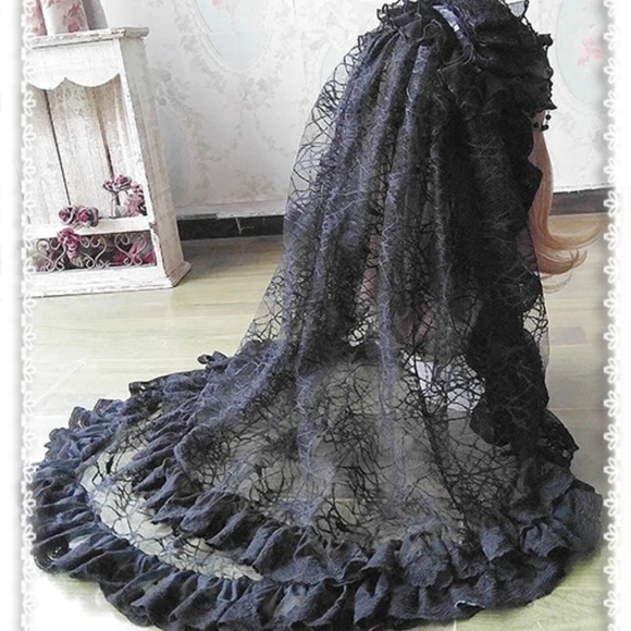 Accessories - NWOT Gothic Black Spider Web Print Lace Veil